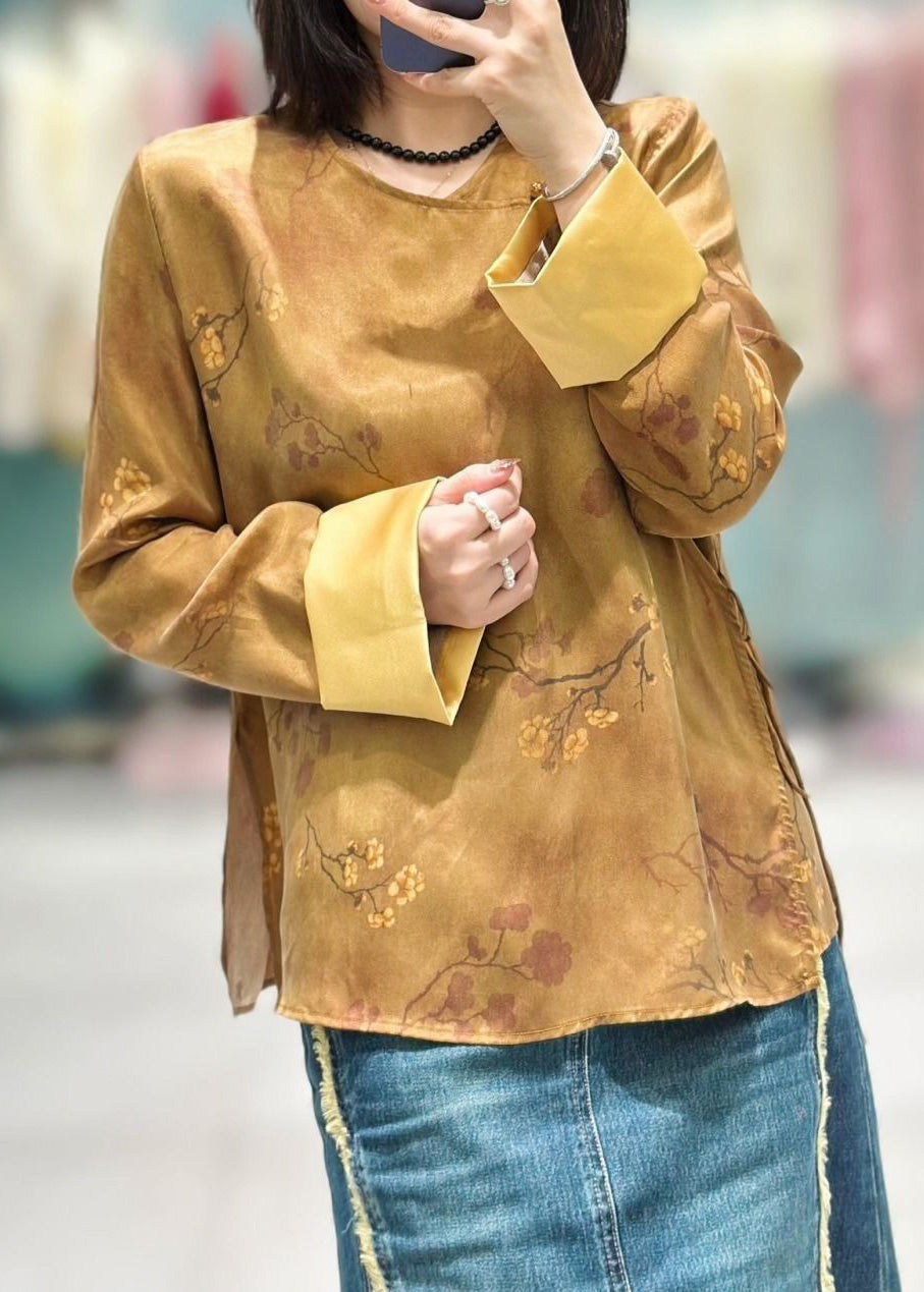 Chinese Style Yellow Button Print Lace Up Silk Shirt Long Sleeve