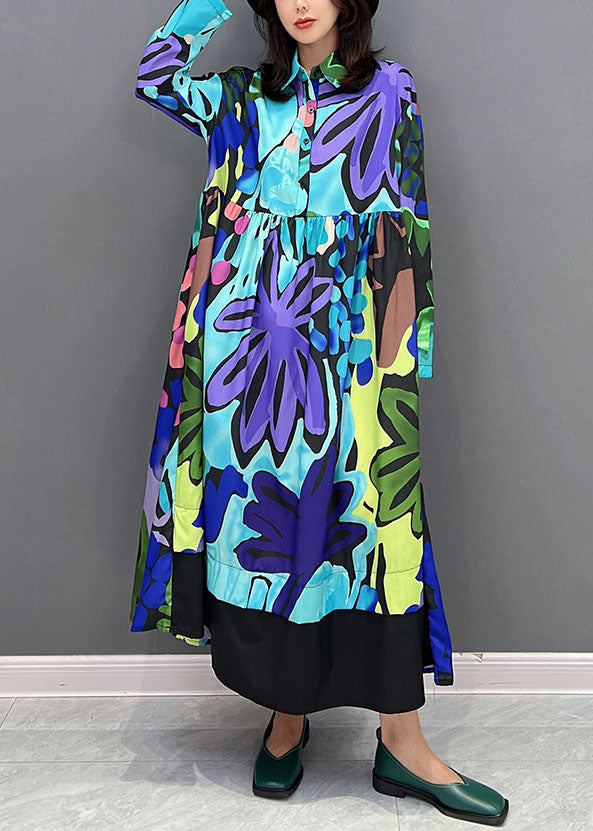 Blue Print Patchwork Cotton Long Dresses Fall