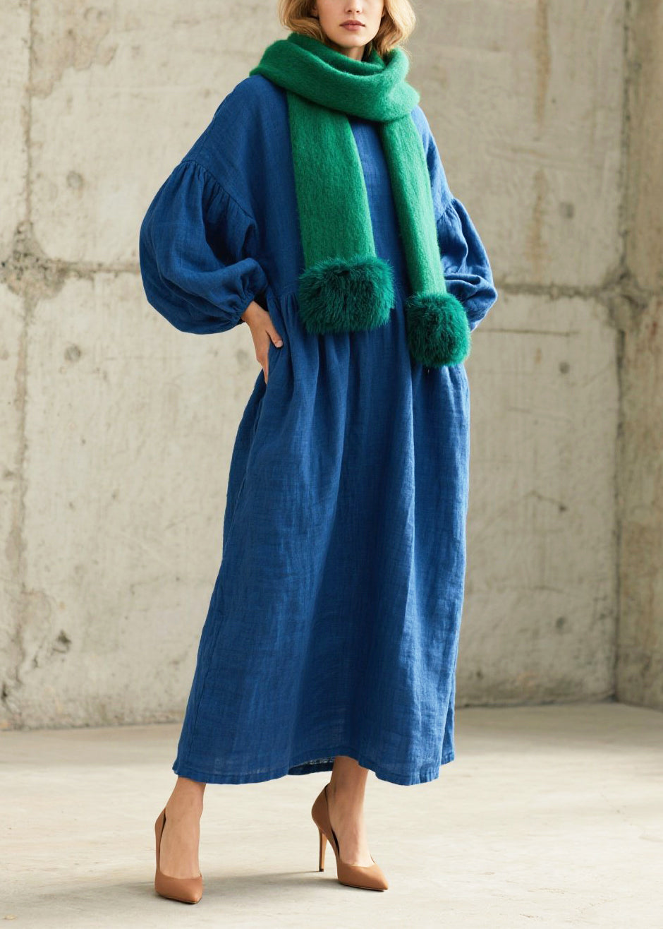 Blue Oversized Cotton Ankle Dress Lantern Sleeve