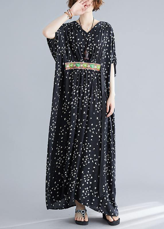 Art Black Print Cotton Cinched Summer Maxi Dress