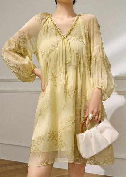 Fine Yellow V Neck Tie Lace Chiffon Mid Dress Spring