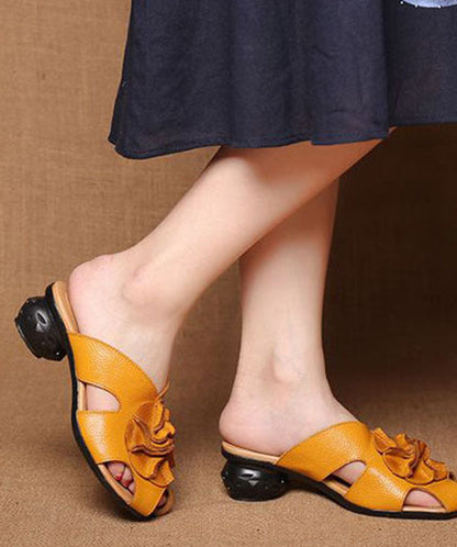 Splicing Yellow Cowhide Leather Slide Sandals