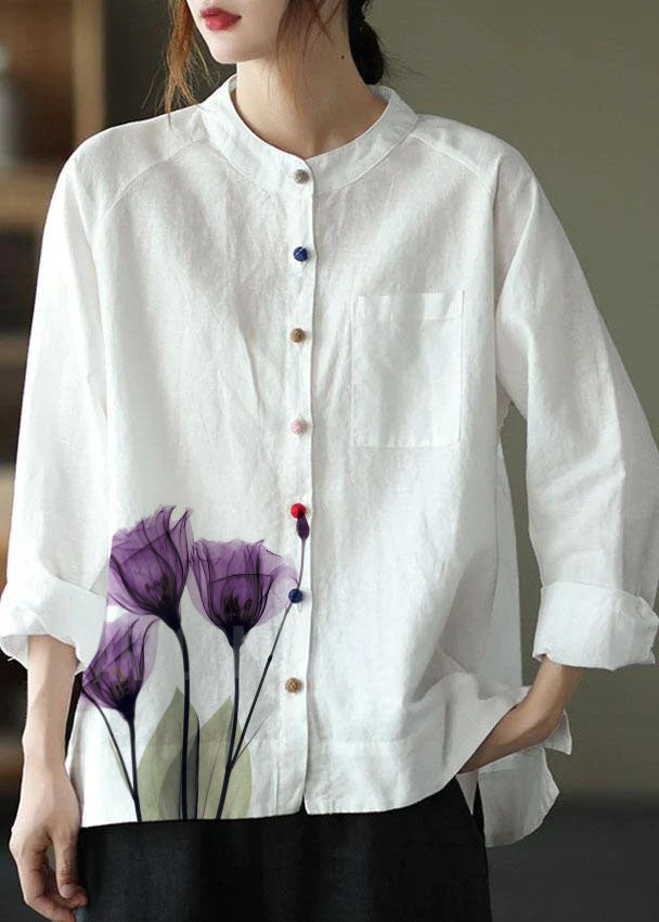 Modern White Loose Patchwork Pockets Fall Long Sleeve Blouse Top