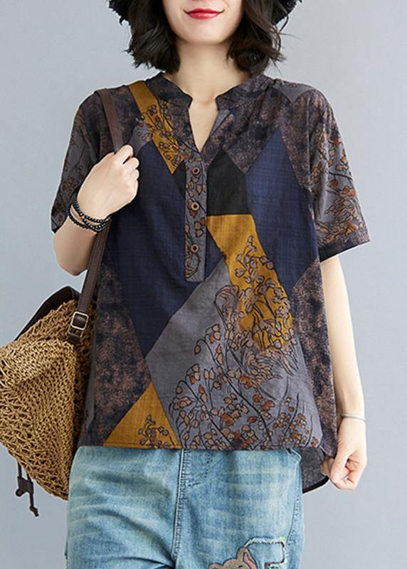 Blue Yellow V Neck Cotton Linen Blouse Tops Summer