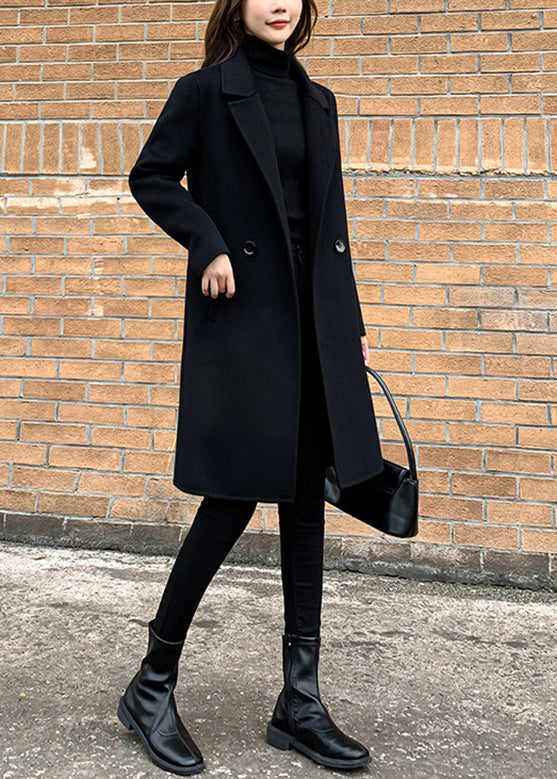 Slim Fit Black Notched Button Woolen Coats Fall