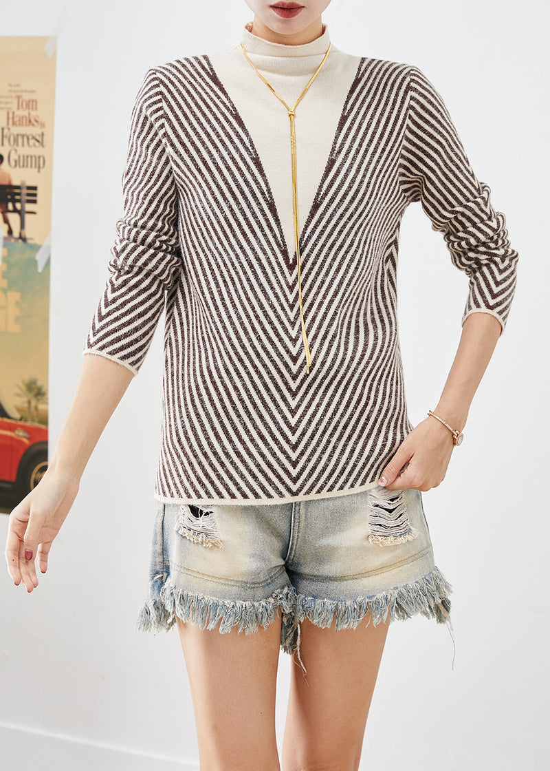 Beige Turtle Neck Striped Silm Fit Knit Sweater Winter