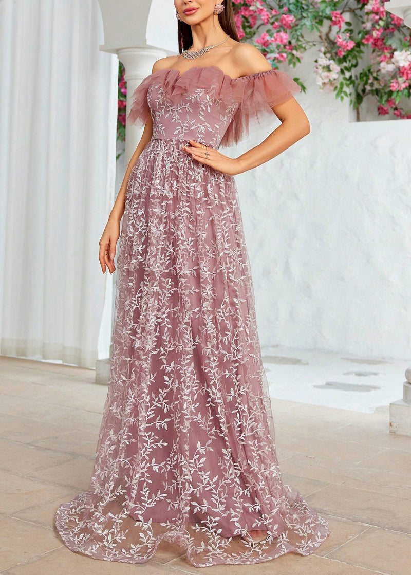 Slash Neck Embroidery High Waist Tulle Maxi Dresses Summer