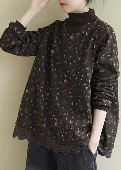 Coffee Turtleneck Print Lace Patchwork Fleece Sweatshirts Long Sleeve