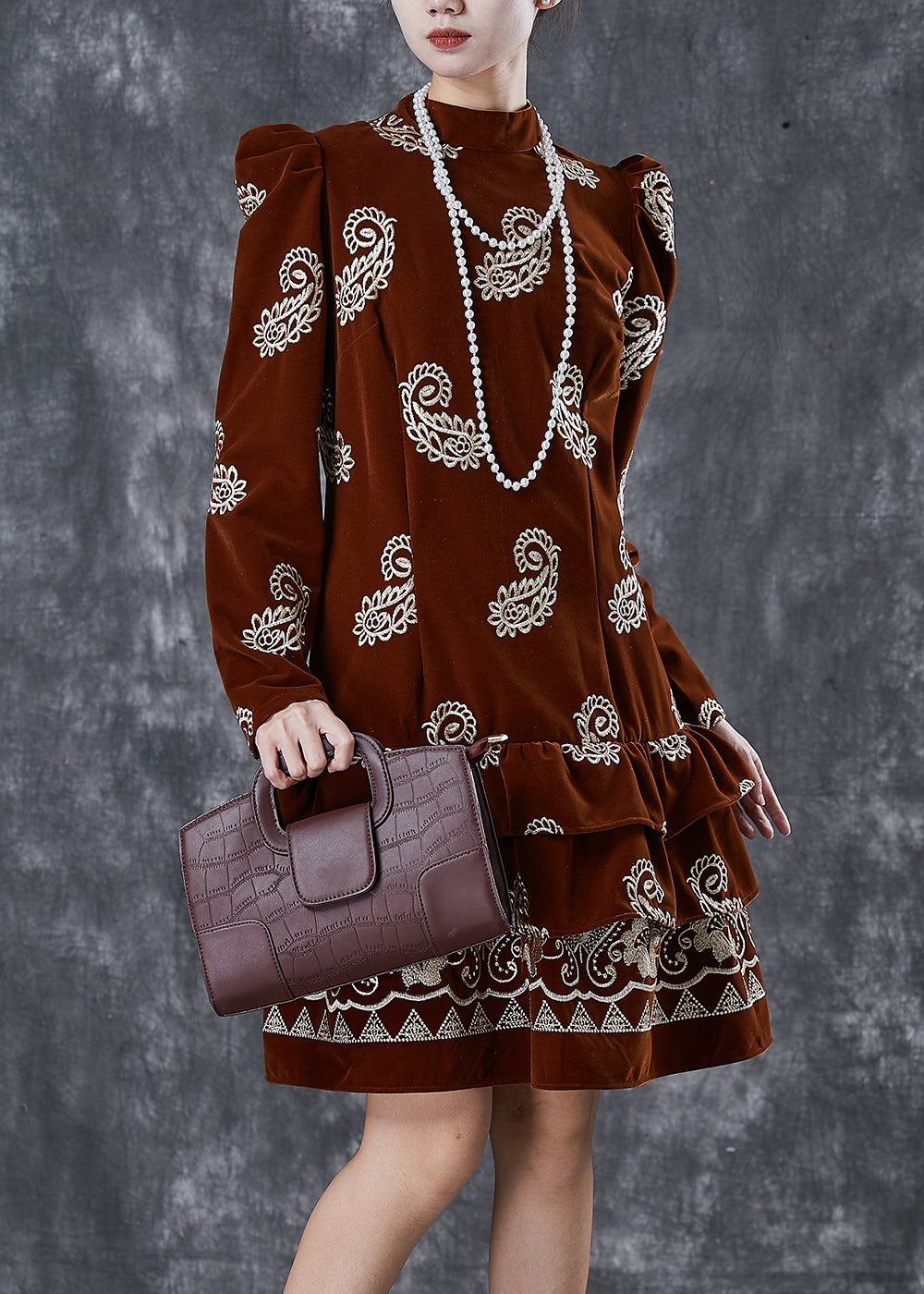 Brown Print Silk Velour Vacation Dress Ruffled Puff Sleeve Spring