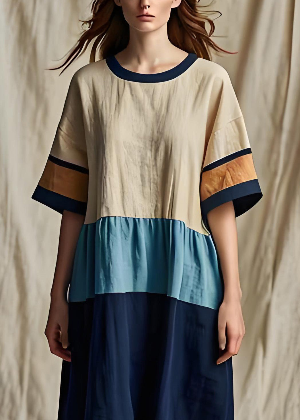 Colorblock O Neck Patchwork Cotton Dresses Summer