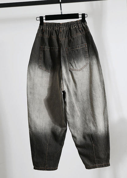 Black Letter Embroidered Pockets Denim Pants Spring