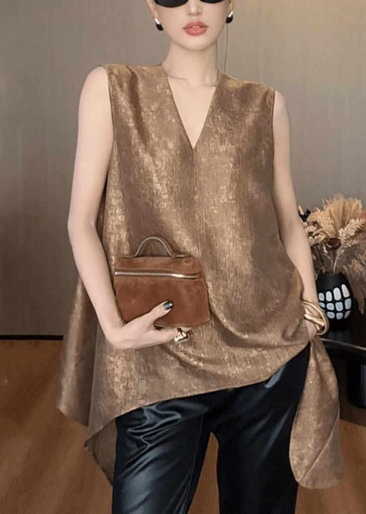 Khaki V Neck Asymmetrical Silk Tank Sleeveless