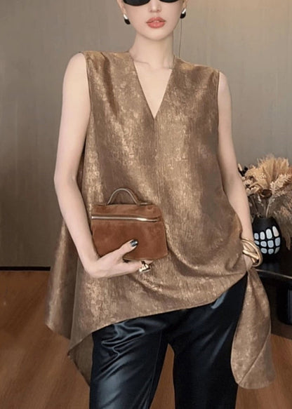 Khaki V Neck Asymmetrical Silk Tank Sleeveless