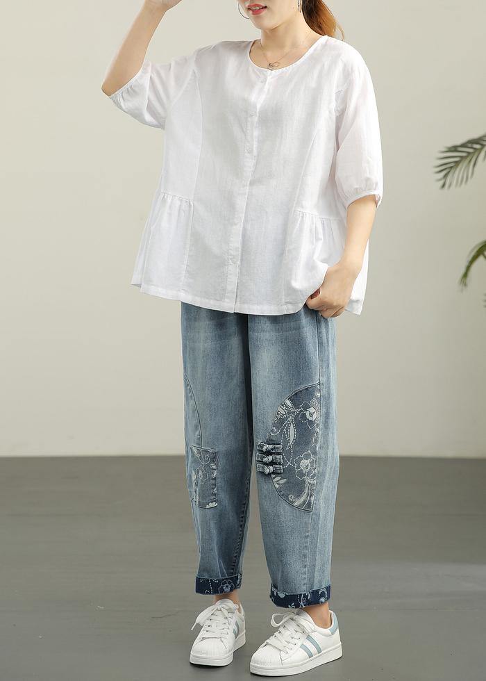 French White Brief Linen Summer Blouse Top
