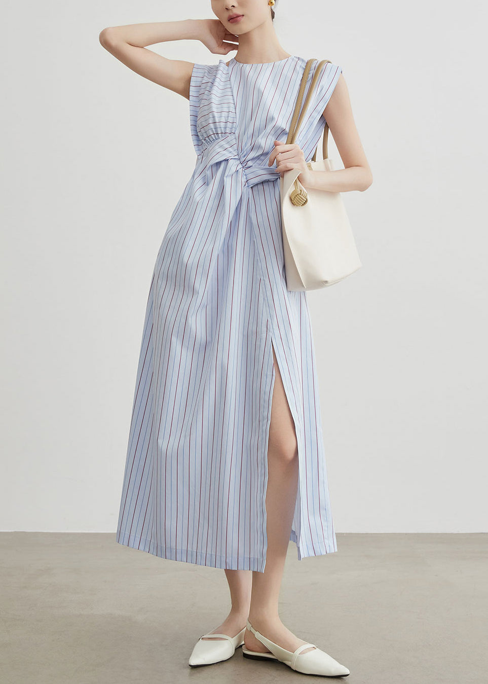Striped Hollow Out Side Open Cotton Long Dress Sleeveless