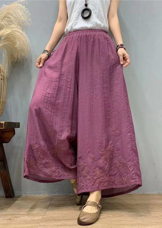 Purple Embroidered Elastic Waist Linen Silk Wide Leg Pants Summer