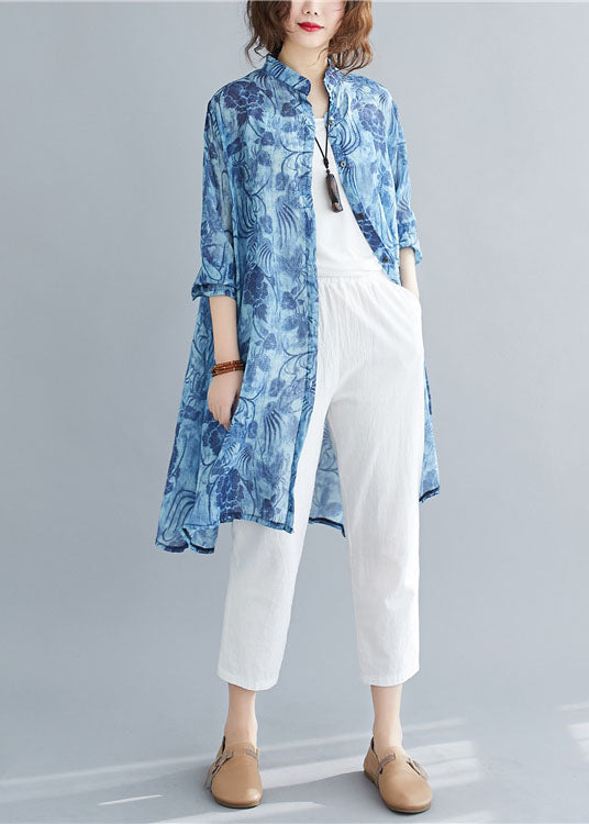 Blue Stand Collar Oversized Print Linen Long Shirt Spring