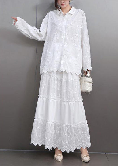 Boutique White Embroidered Lace Shirts and Maxi Skirts Two Pieces Set Flare Sleeve