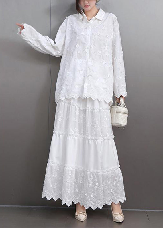 Boutique White Embroidered Lace Shirts and Maxi Skirts Two Pieces Set Flare Sleeve