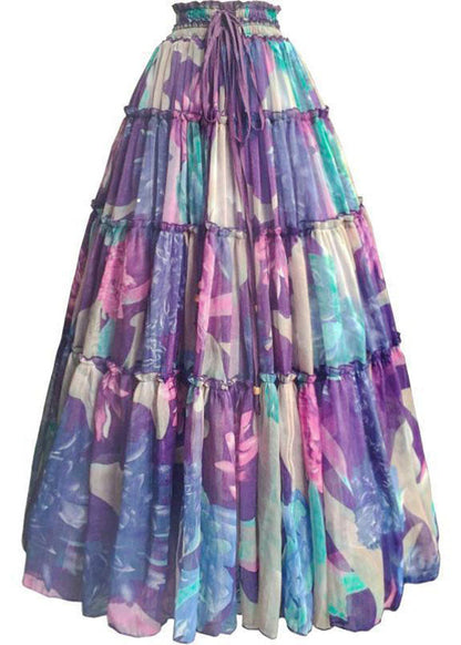 Purple Drawstring Wrinkled Patchwork Print Chiffon Skirt Summer