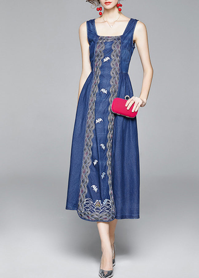 Organic Blue Cinched Embroideried Zippered Spaghetti Strap Cotton Denim Dress Spring