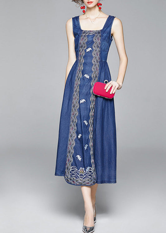 Organic Blue Cinched Embroideried Zippered Spaghetti Strap Cotton Denim Dress Spring