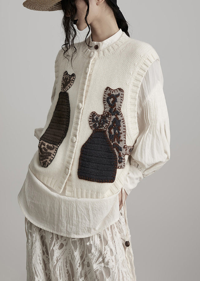 White Embroideried Wool Knit Vests Spring