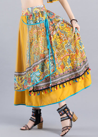 Yellow Print Lace Up Tulle Patchwork Skirt Summer