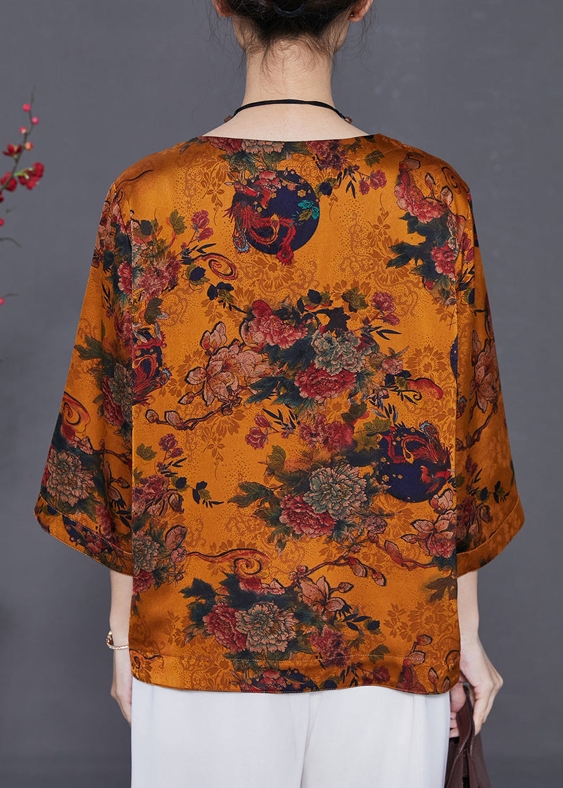 Orange Oversized Print Silk Top Bracelet Sleeve