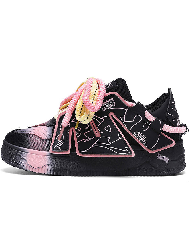 New Black Lace Up Splicing Platform Flat Shoes