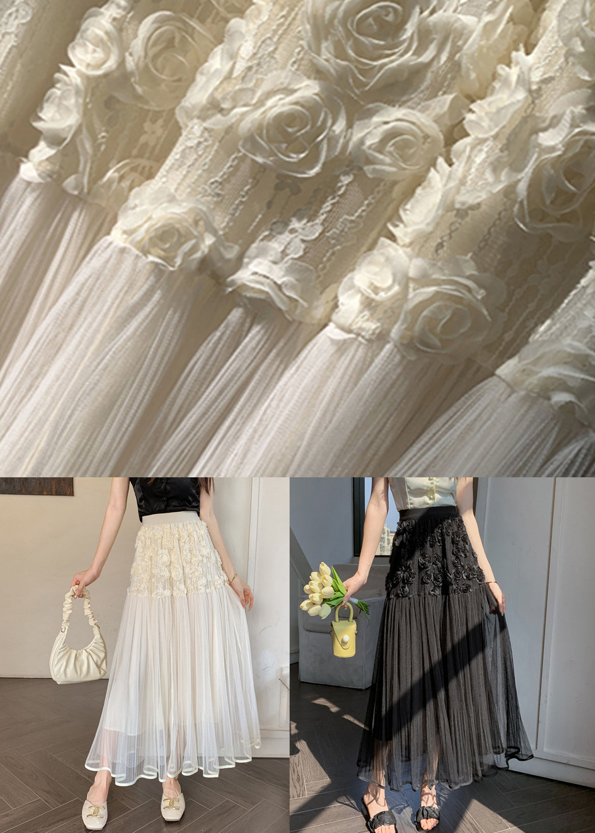Unique Beige Elastic Waist Tulle Skirts Spring