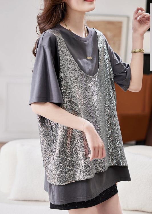 Boutique Grey O-neck Sequins Patchwork Fake Two Pieces Silk T Shirt Short Sleeve