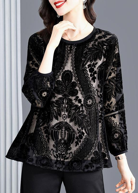Black O-neck Hollow Out Patchwork Silk Velour Top Fall