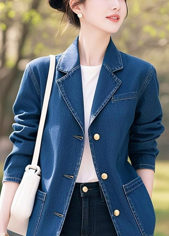 Stylish Blue Peter Pan Collar Button Pockets Denim Coat Spring