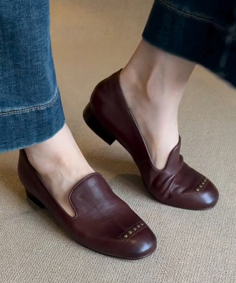 Brown Faux Leather Rivet Splicing Loafers for