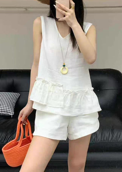 New White Ruffled Pockets Linen Two Pieces Set Summer