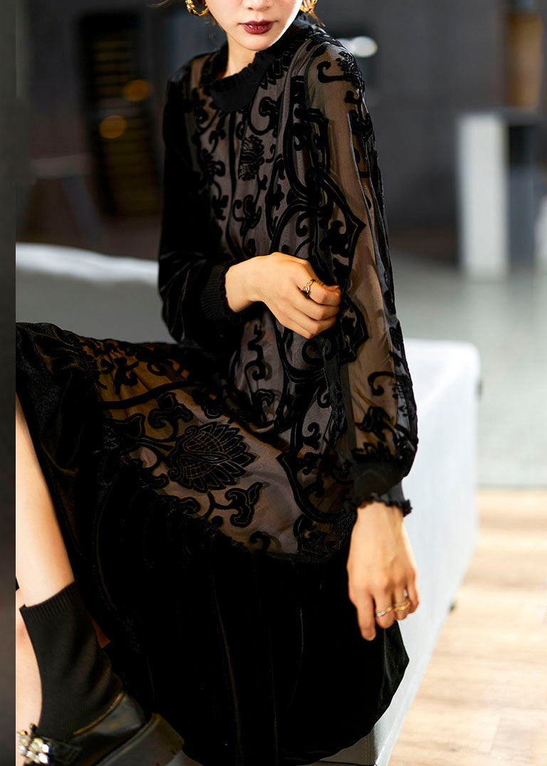 Black O-neck Embroidered Patchwork Silk Velour Maxi Dress Long Sleeve