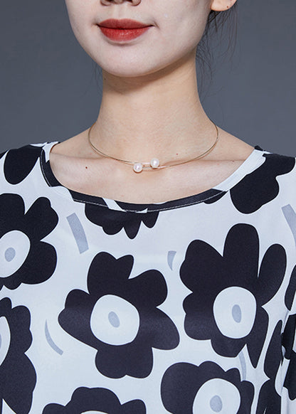 Unique Black O-neck Sunflower Print Silk Dresses Bracelet Sleeve