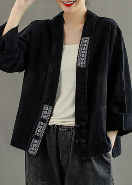 Black Embroideried Pockets Button Patchwork Fall Denim Coat
