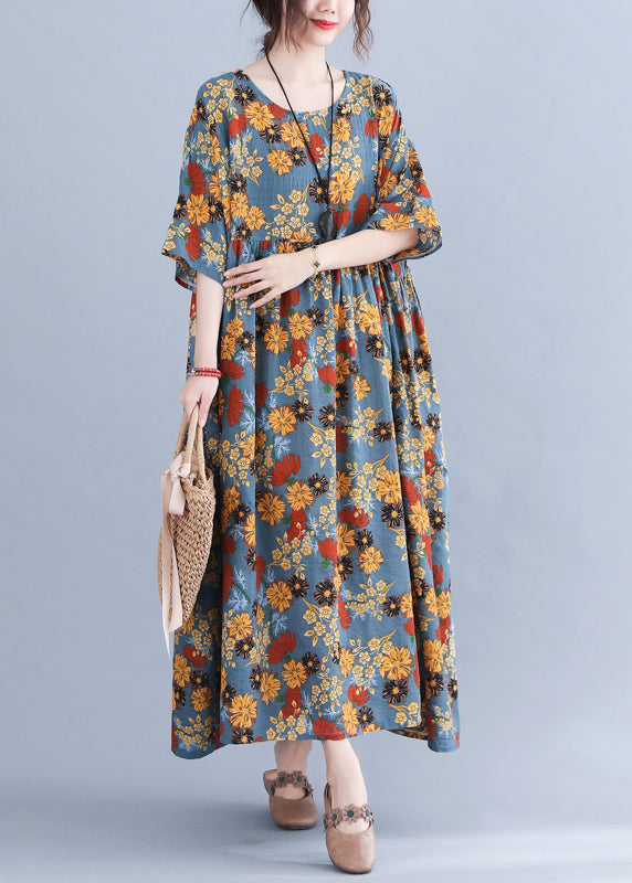 Style Chocolate O-neck Cinched Print Holiday Dress Half Sleeve