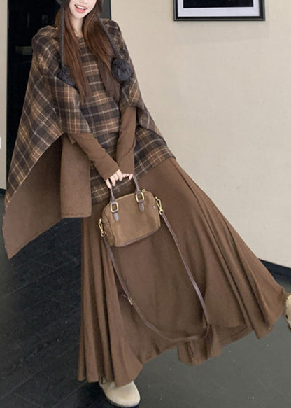 Plaid Wear on Both Sides Coats and Long Dress Two Pieces Set Cloak Sleeve