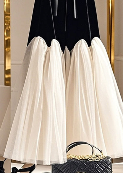 Black Bow High Waist Tulle Patchwork Silk Velvet Skirt Spring