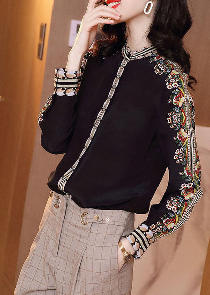Black Stand Collar Print Chiffon Shirt Top Long Sleeve