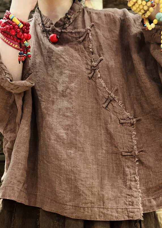Red Button Linen Tops Batwing Sleeve