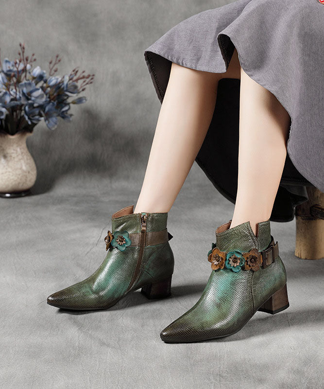 Art Green Zippered Splicing Chunky Boots Pointed Toe