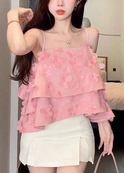 New Pink Butterfly Denim Strap Tank Top Summer