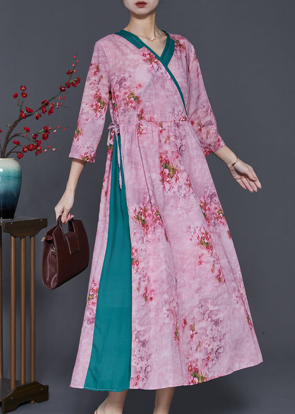 Classy Purple Print Patchwork Linen a Line Dress Spring