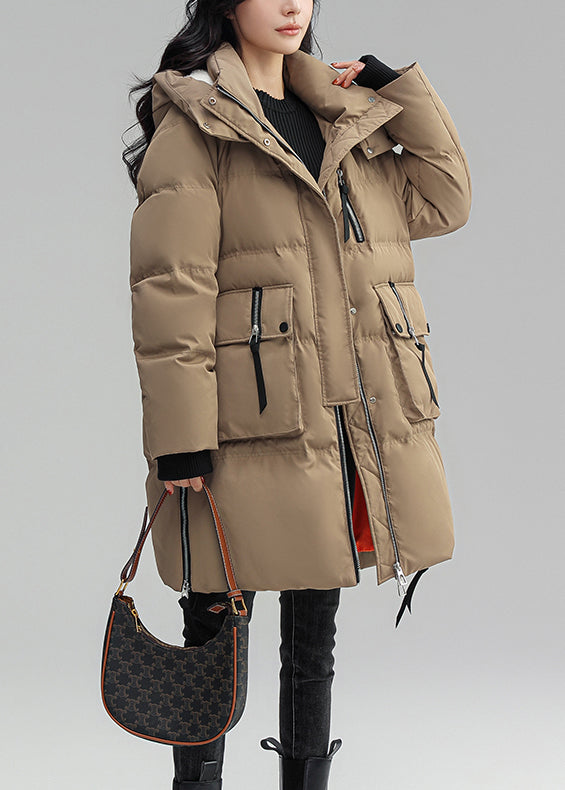 Khaki Hooded Button Patchwork Duck Down Coat Winter