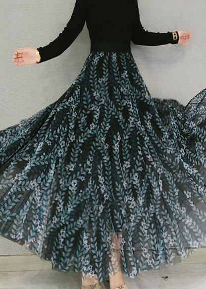 Dull Green Print Elastic Waist Tulle Maxi Skirts Spring