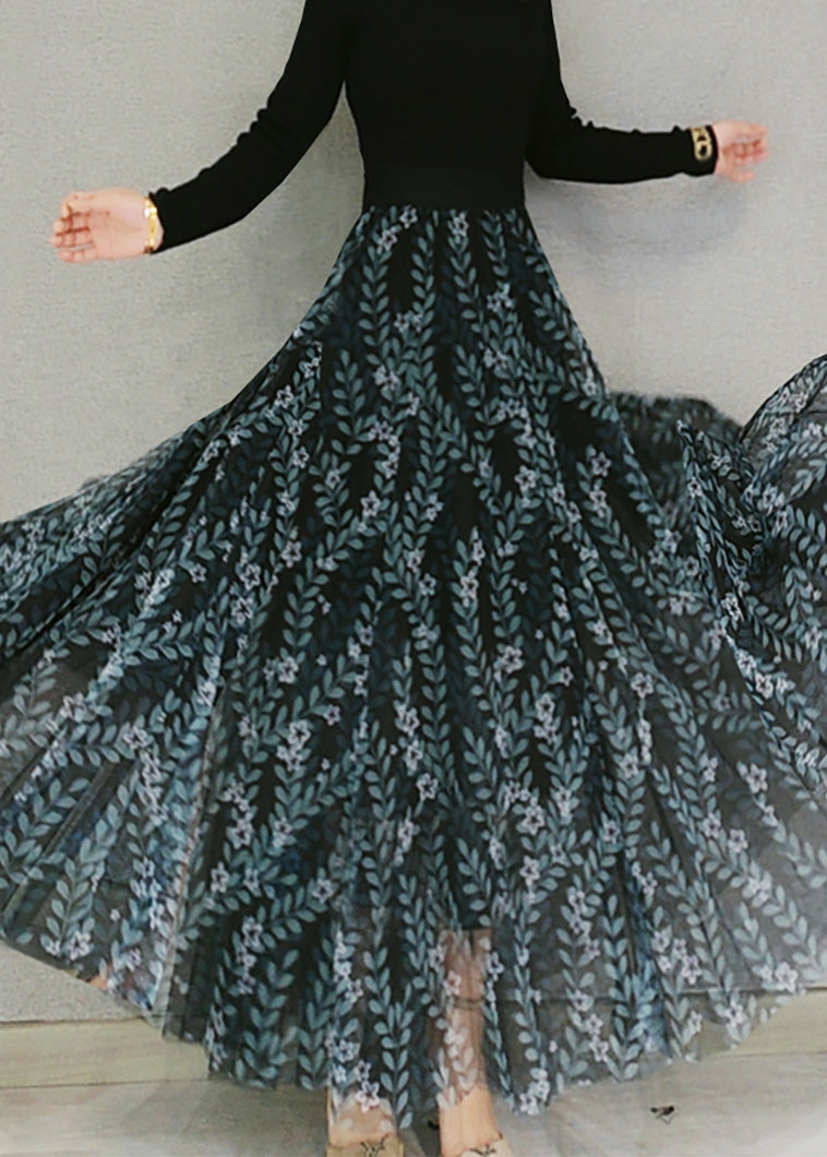 Dull Green Print Elastic Waist Tulle Maxi Skirts Spring
